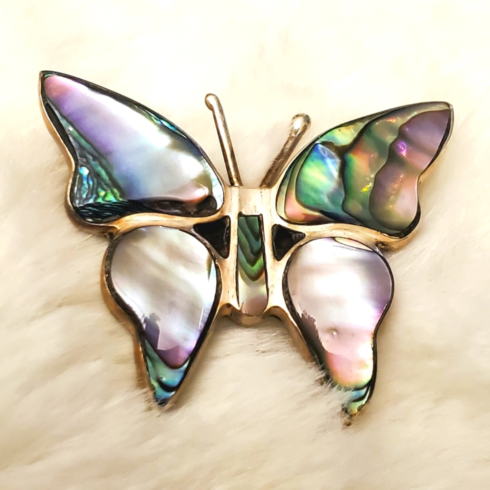 Vintage 925 Mexico silver signed&stamped abalone butterfly brooch